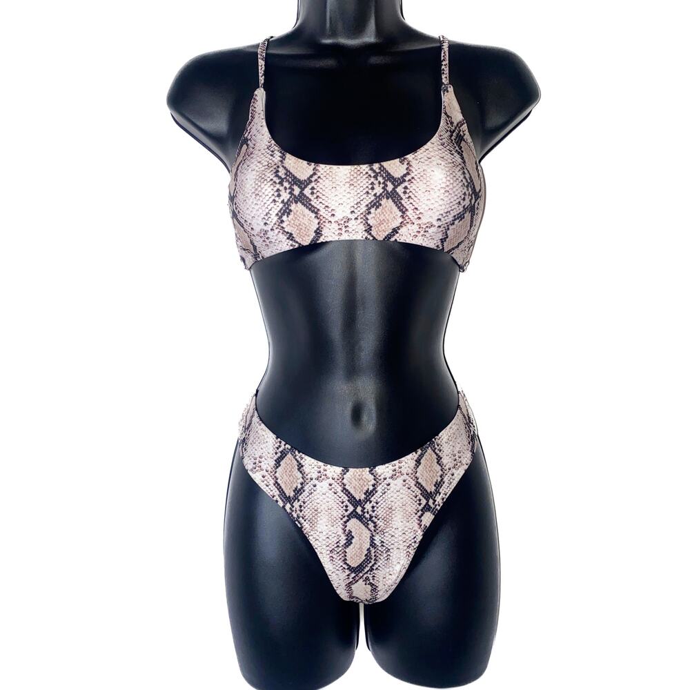 New Medium Fashion Nova Snakeskin Snake Print Tanga Bikini set gray tan Athletic